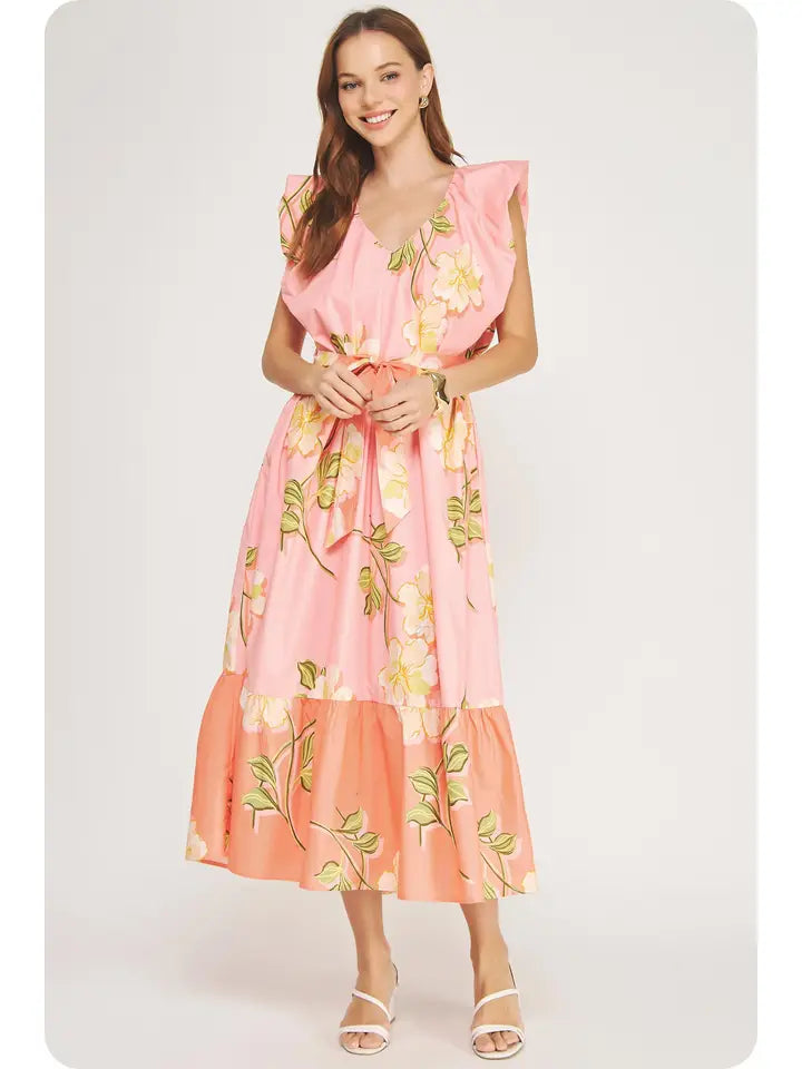 Tropical Hibiscus Tiered Midi Dress