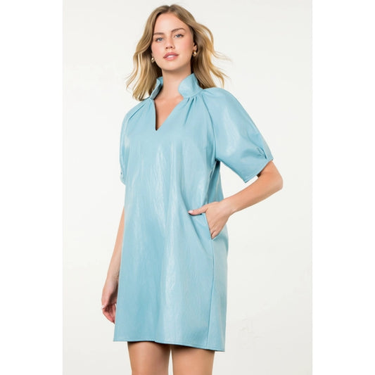 Short Sleeve Leather Mini Dress - Light Blue