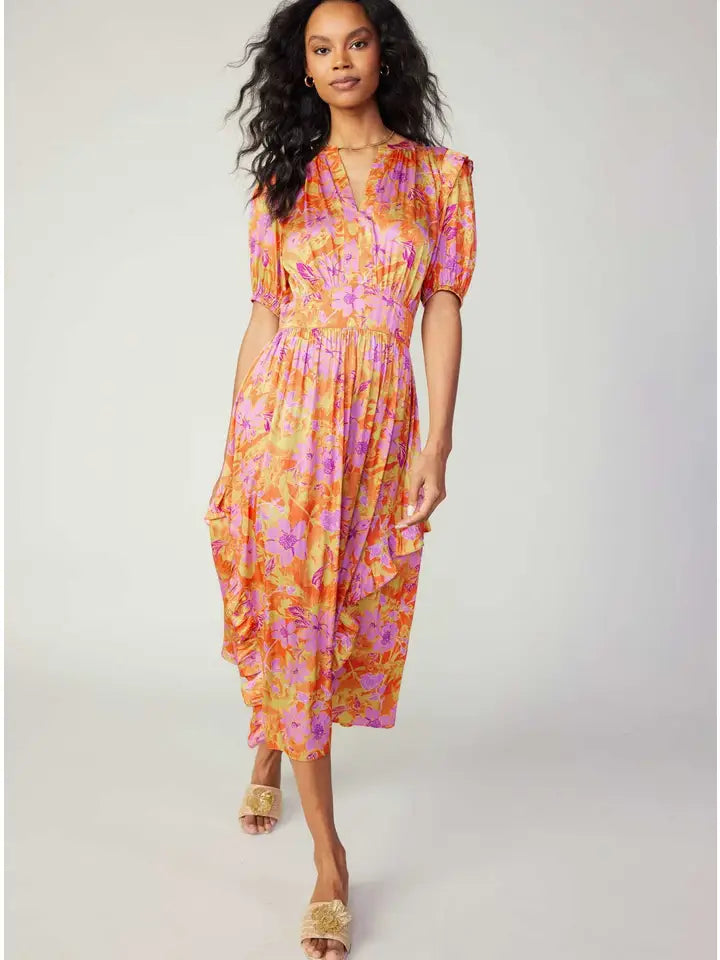 Split Neck Midi Dress - Orange