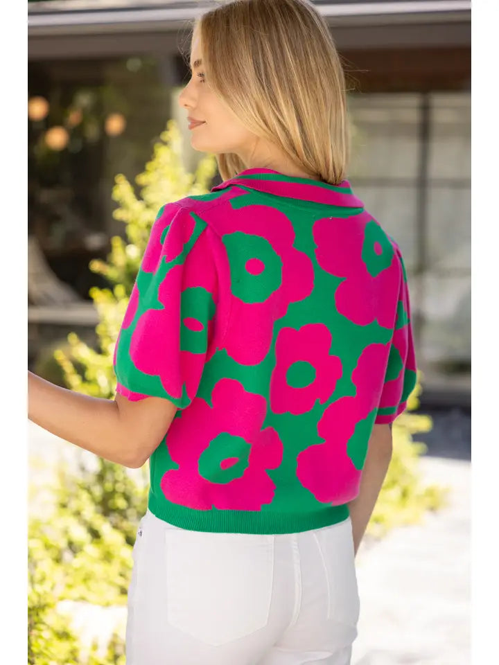 V-Collared Rib Knit Floral Top