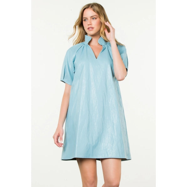 Short Sleeve Leather Mini Dress - Light Blue