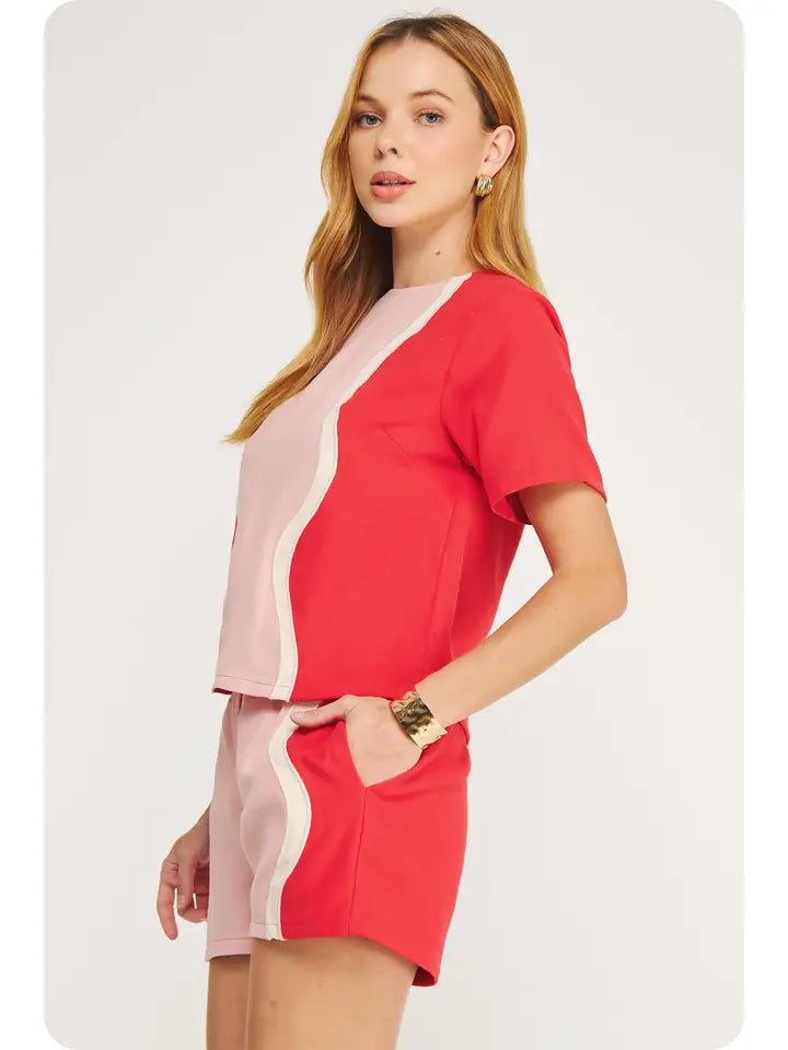 Wavy Contrast Color Block Top - Red/Pink by Pebble & Pear