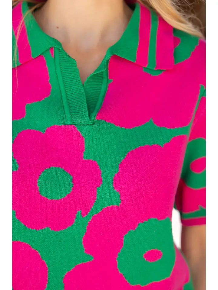 V-Collared Rib Knit Floral Top