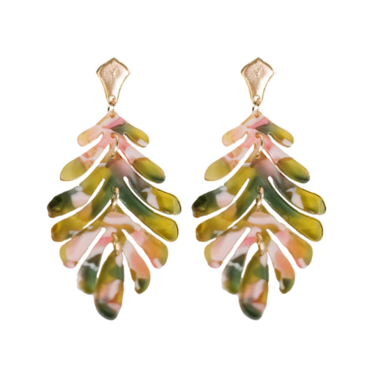 Pink and Green Camo Petite Palm Statement Drop Earrings