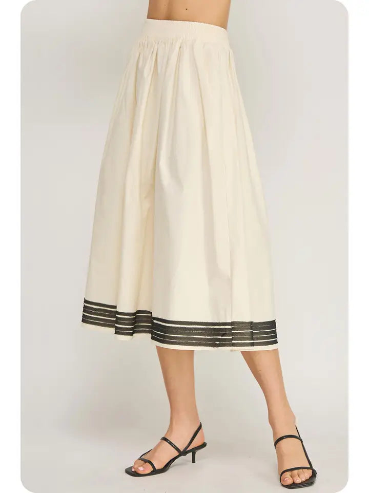 Contrast Frayed Trim Poplin Midi Skirt