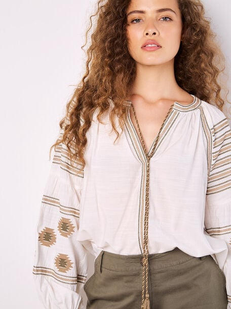 Aztec Embroidered Bell Balloon Sleeve Blouse