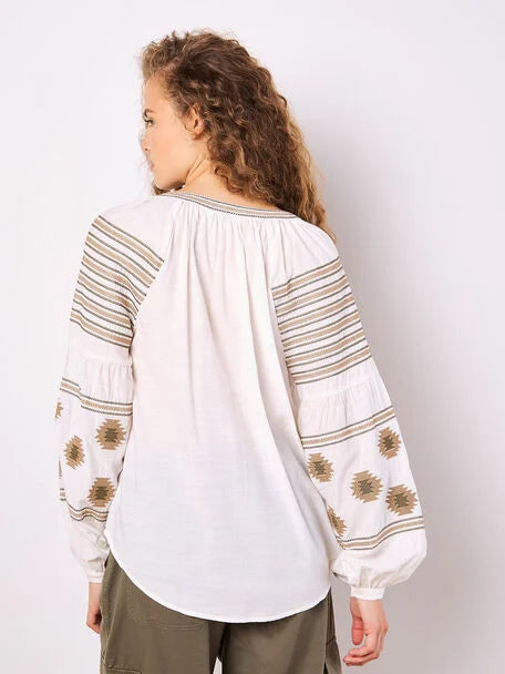 Aztec Embroidered Bell Balloon Sleeve Blouse