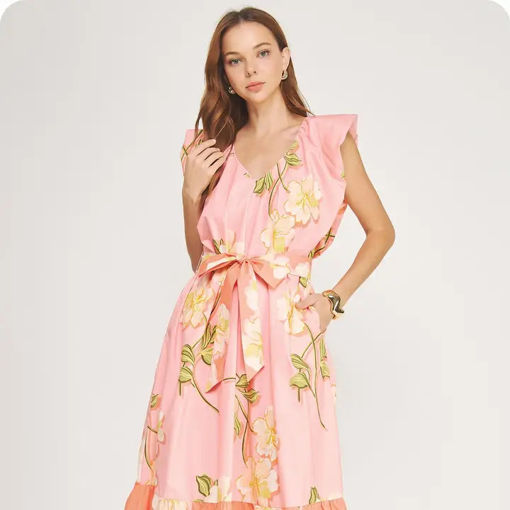 Tropical Hibiscus Tiered Midi Dress