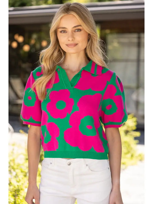 V-Collared Rib Knit Floral Top