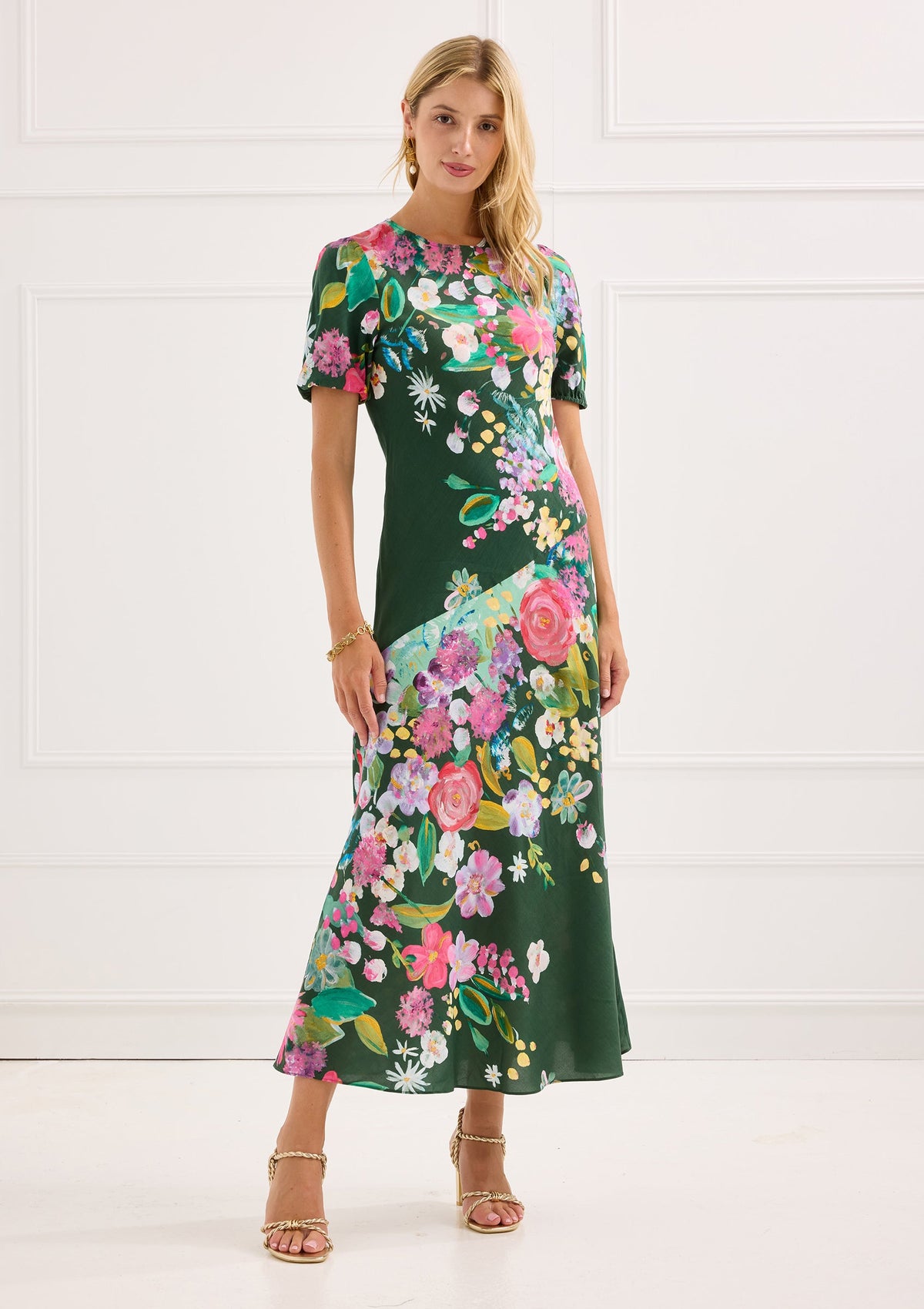 Front view of Alivia Dawn Dress in dark green floral print