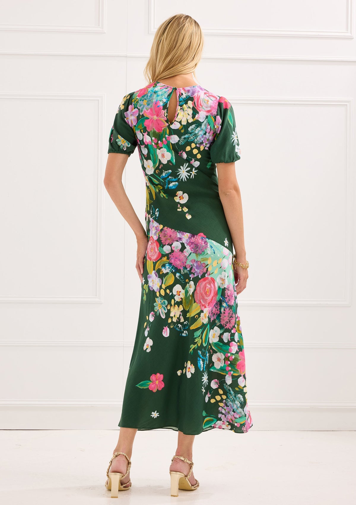 Back view of Alivia Dawn Dress in dark green floral print