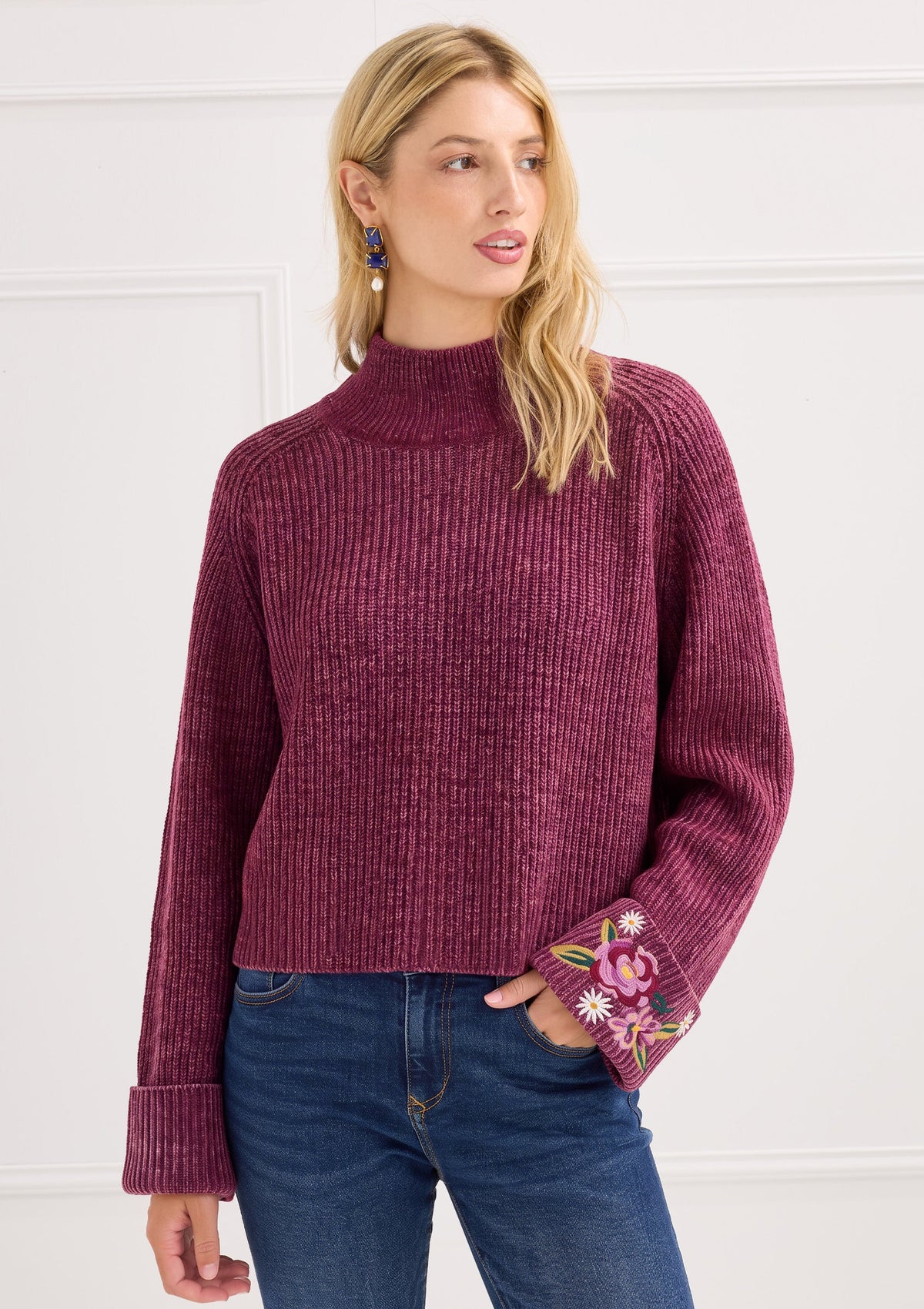 Alivia The Destiny Sweater in Magenta Floral, front view