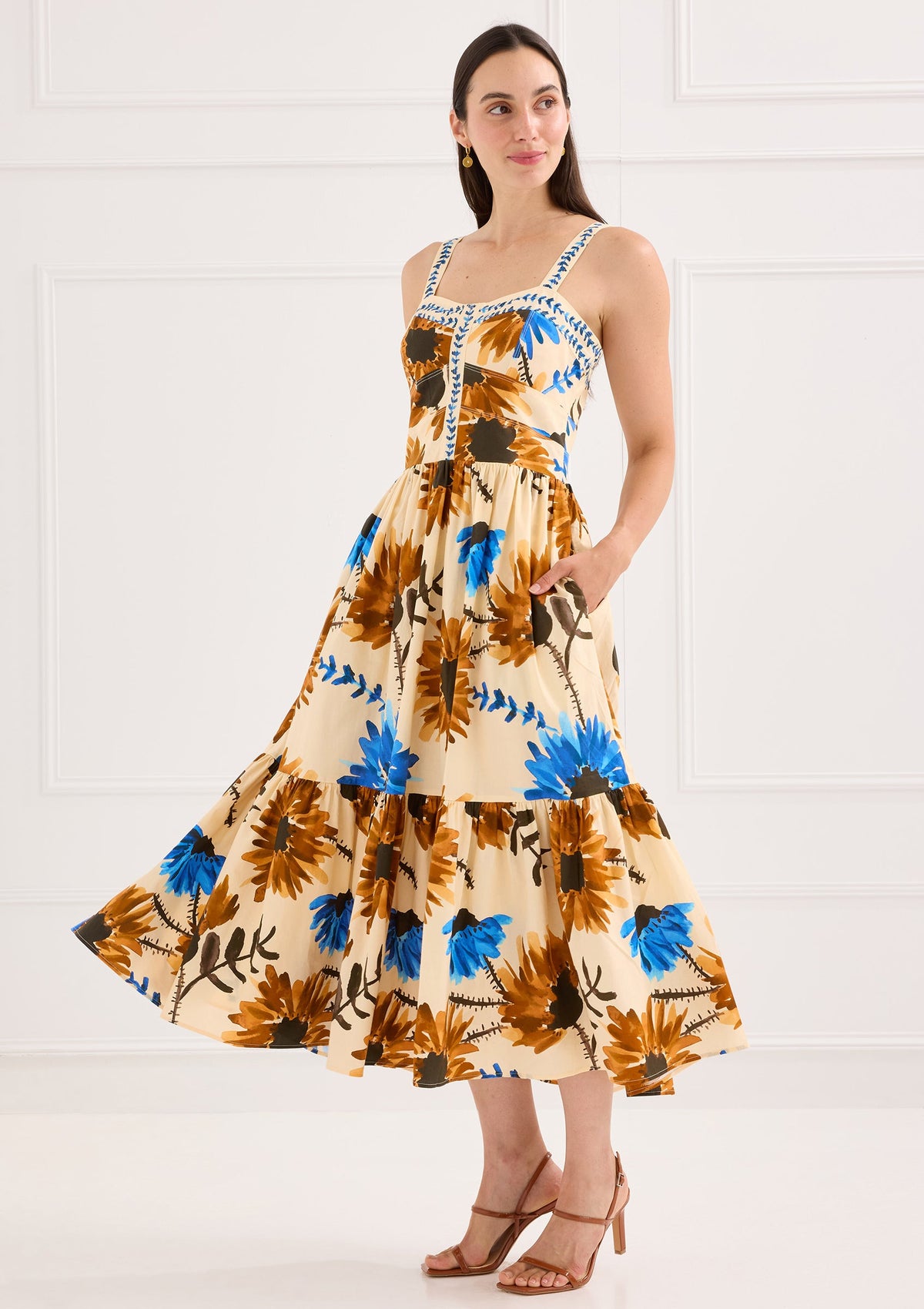 Alivia Gianna Dress in Sunflower Haze, angled view with pocket