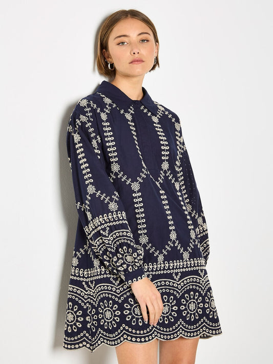 Apricot Broderie Anglaise Cotton Swing Mini Dress, Navy — front three-quarter view