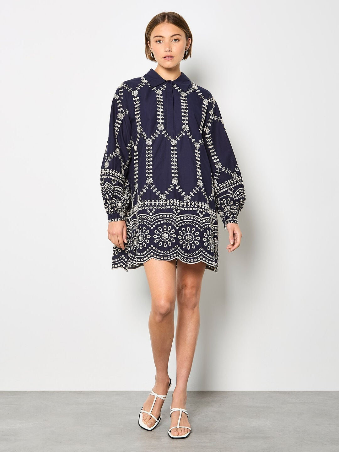 Apricot Broderie Anglaise Cotton Swing Mini Dress, Navy — full front view