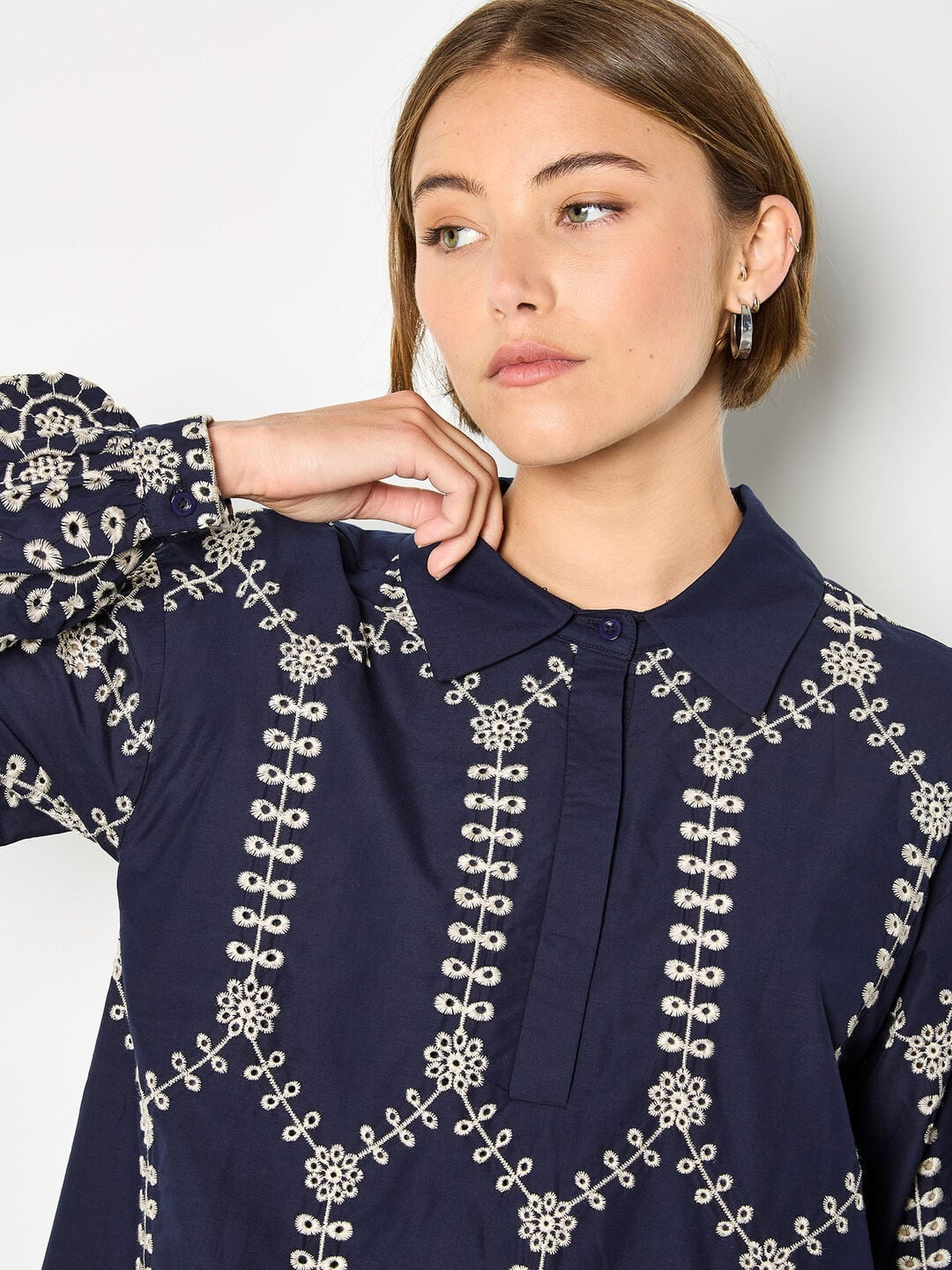 Apricot Broderie Anglaise Cotton Swing Mini Dress, Navy — collar and embroidery detail