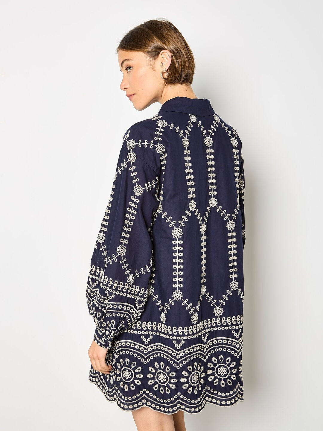Apricot Broderie Anglaise Cotton Swing Mini Dress, Navy — back three-quarter view