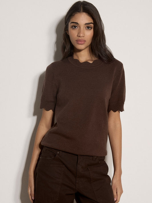 Apricot Scallop Neck & Sleeve Knit Tee in Brown, front product view