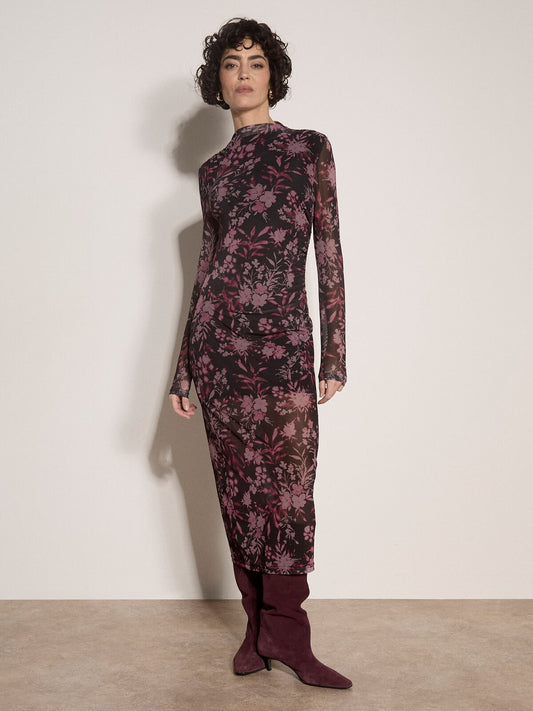 Apricot Floral Mesh Midi Dress in Black, front view