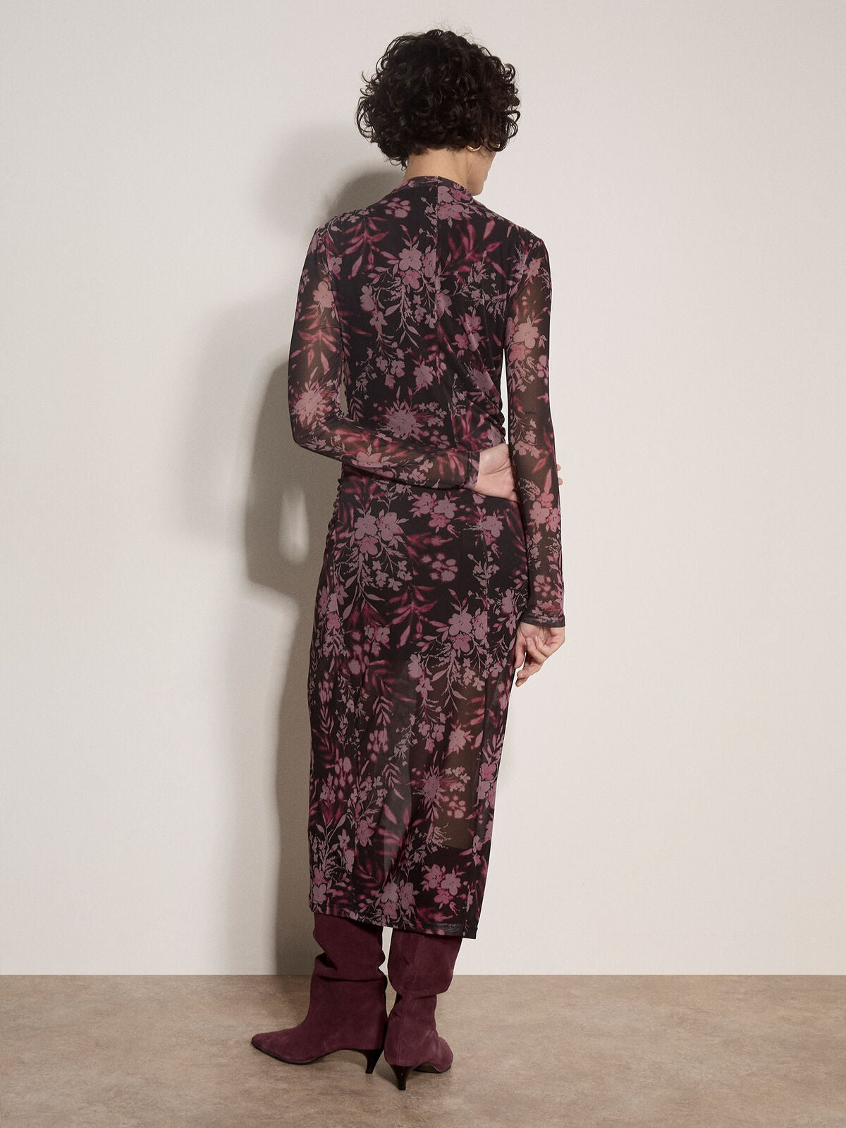 Apricot Floral Mesh Midi Dress in Black, back view