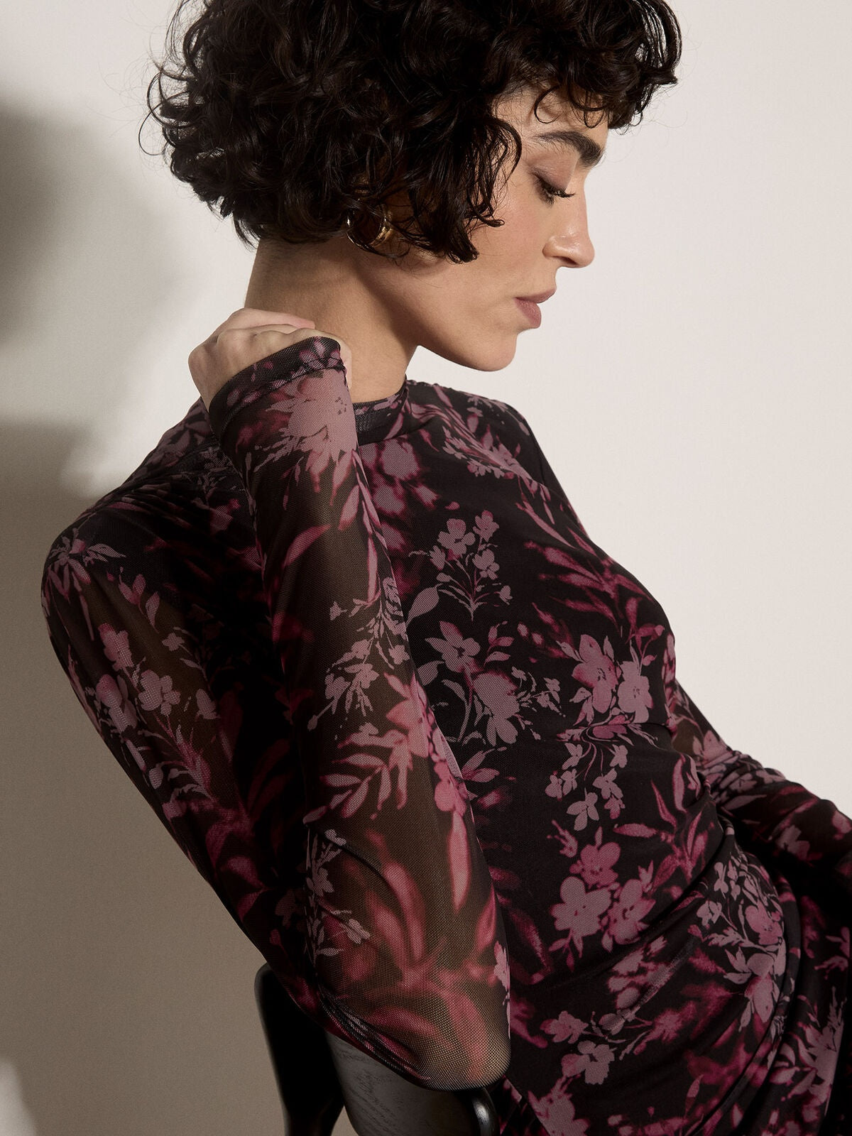 Apricot Floral Mesh Midi Dress in Black, close-up mesh and floral detail