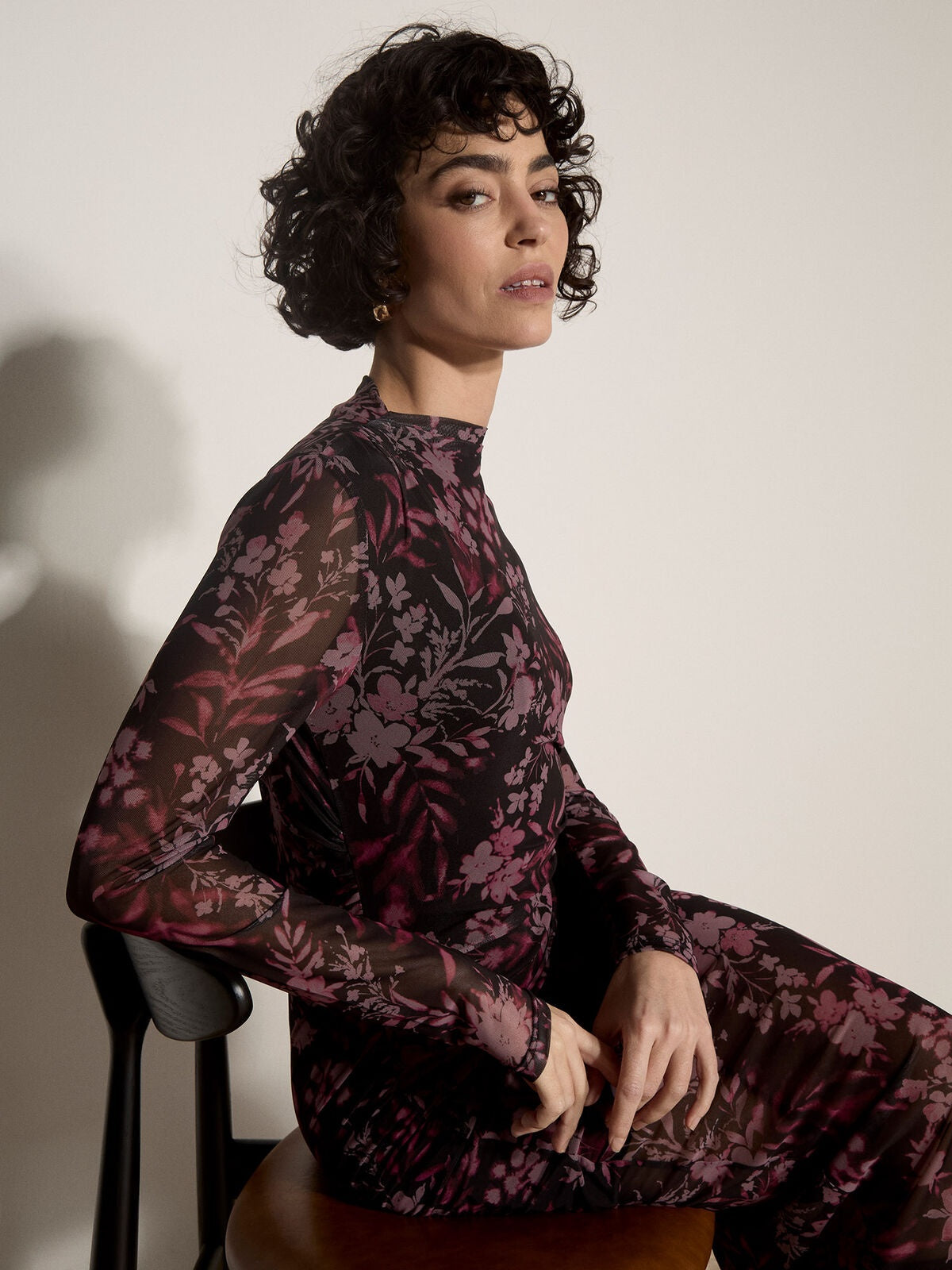 Apricot Floral Mesh Midi Dress in Black, seated detail view