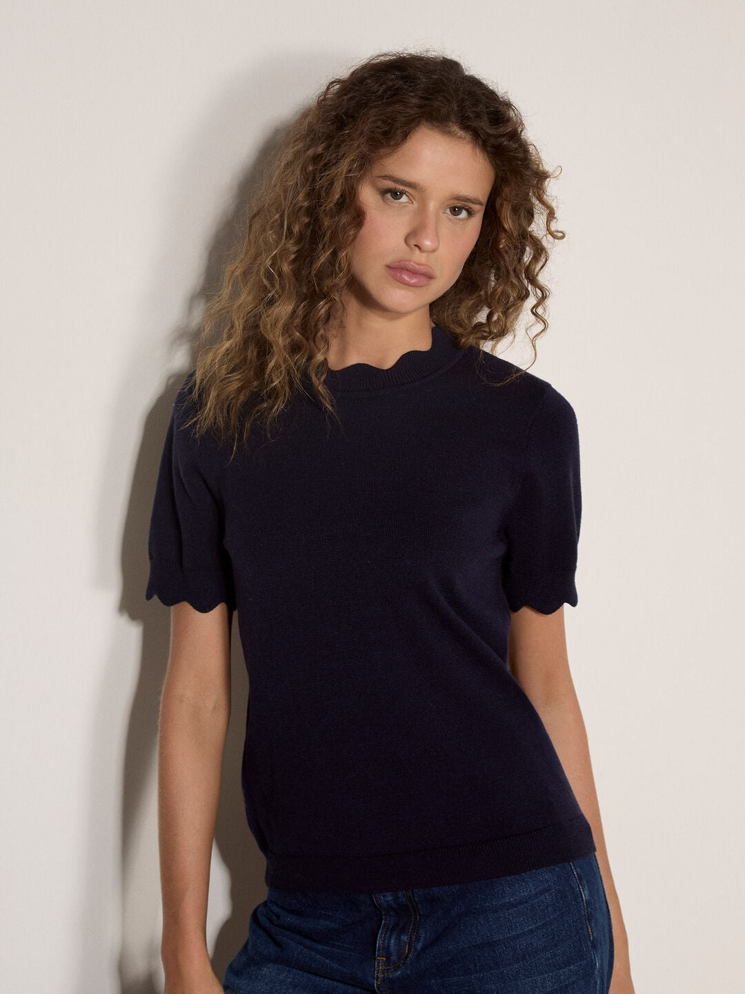 Apricot Scallop Knitted T-Shirt in Navy, front view