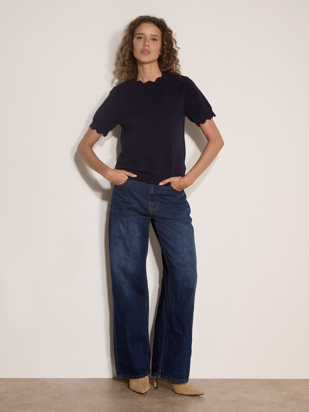 Apricot Scallop Knitted T-Shirt in Navy, alternate model view