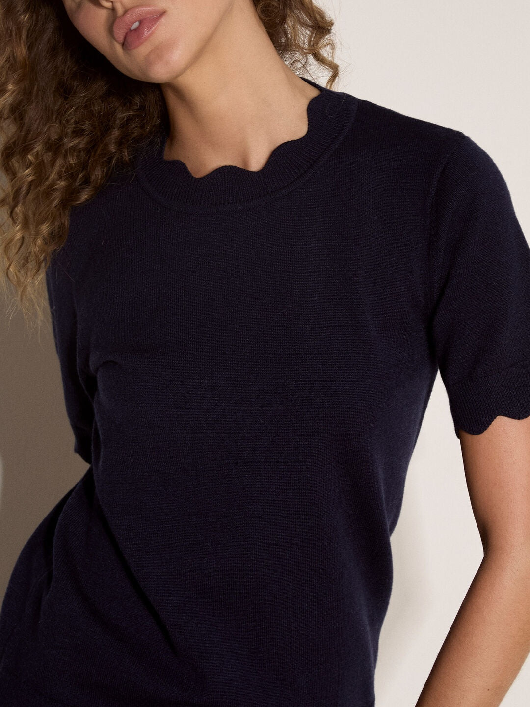 Apricot Scallop Knitted T-Shirt in Navy, sleeve and neckline detail