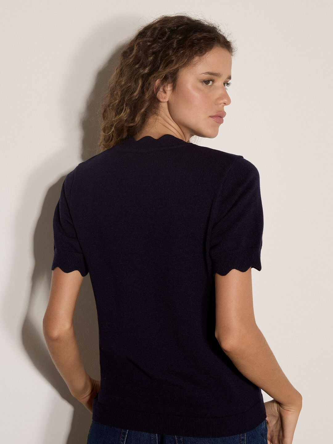 Apricot Scallop Knitted T-Shirt in Navy, back or alternate view