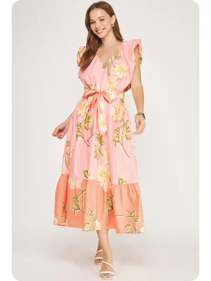 Tropical Hibiscus Tiered Midi Dress