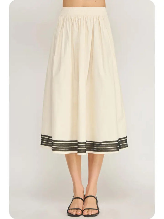 Contrast Frayed Trim Poplin Midi Skirt