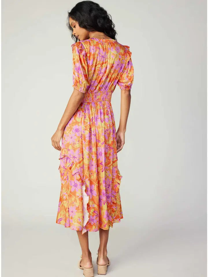 Split Neck Midi Dress - Orange