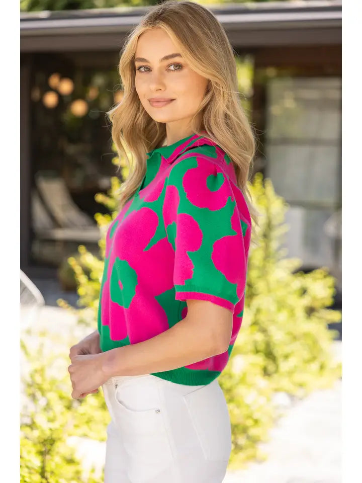 V-Collared Rib Knit Floral Top