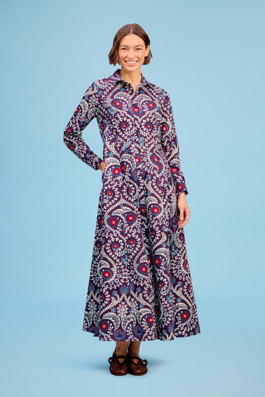 Model wearing Livro Classic Shirtdress in Scroll, front view.