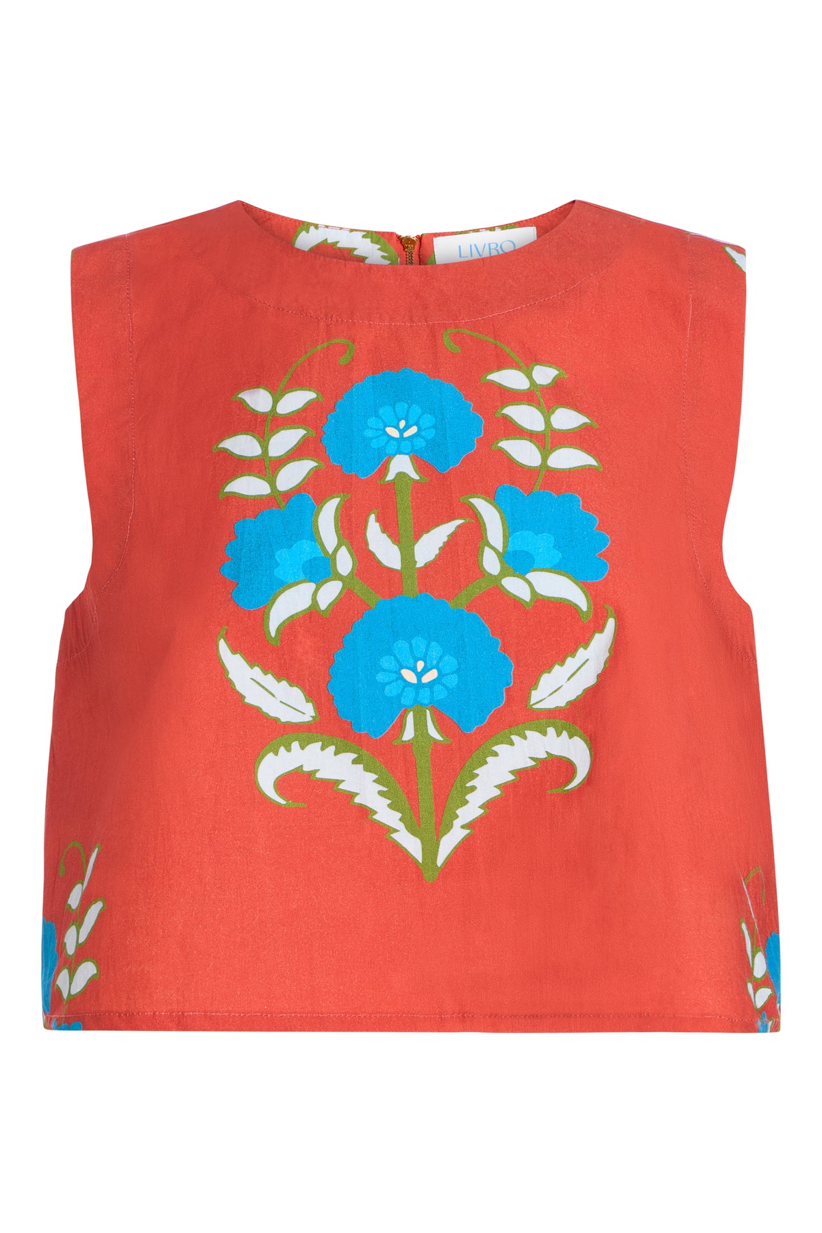 Livro Cinnaleaf crop top, front product view with blue floral motif.