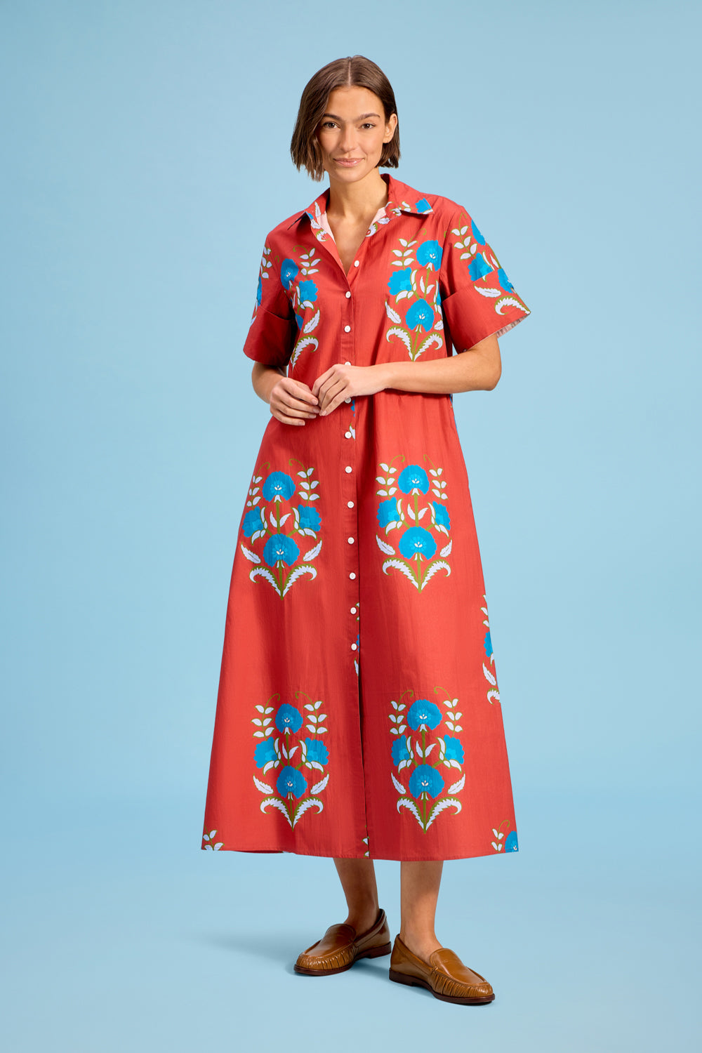 Model wearing Livro Gibbons Dress in Cinnaleaf, alternate front view.