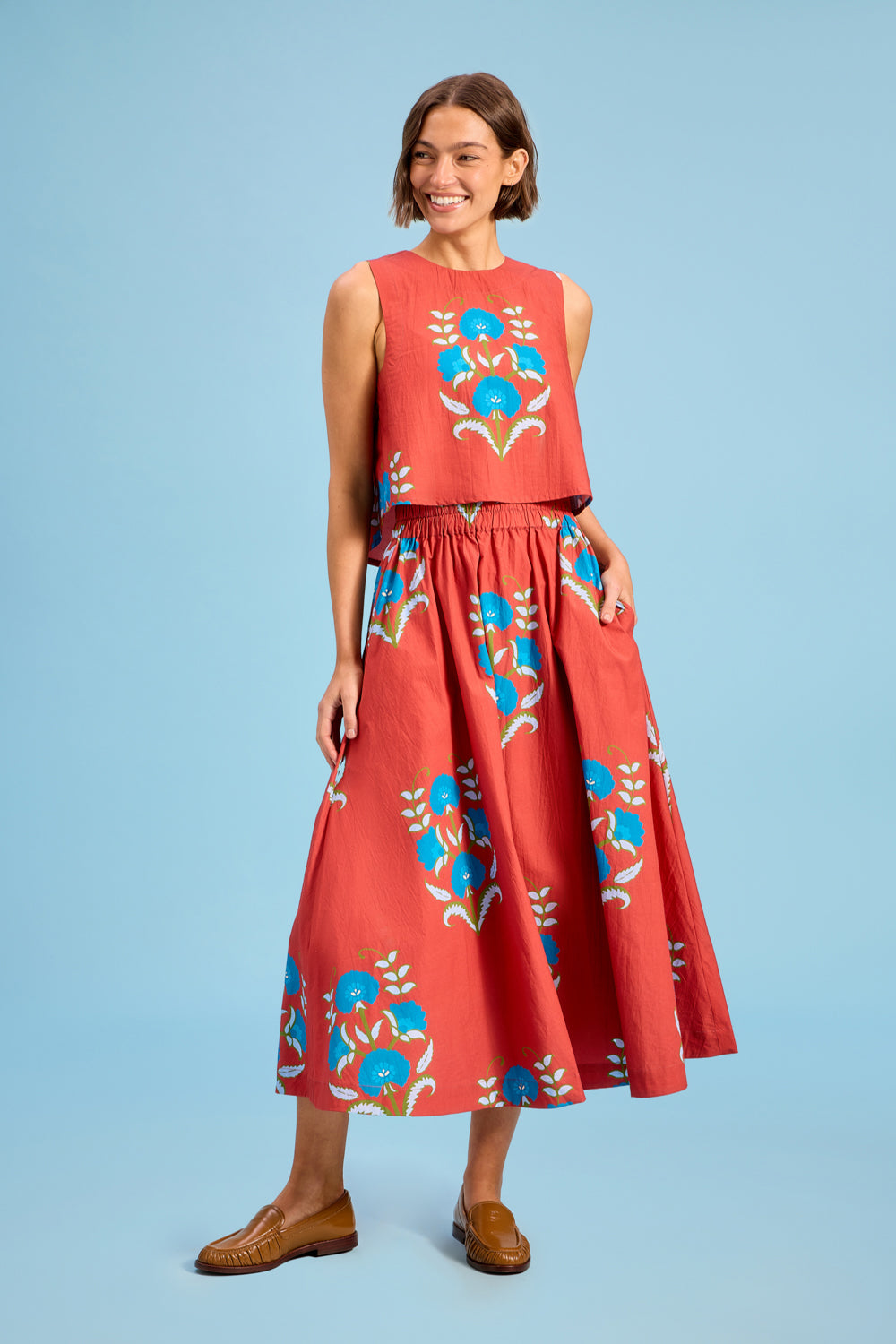 Model wearing Livro Pavilion Skirt in Cinnaleaf, front view