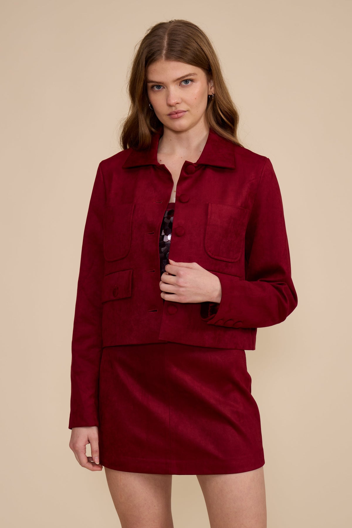 Lucy Paris Brynn faux suede jacket in Deep Merlot, front view