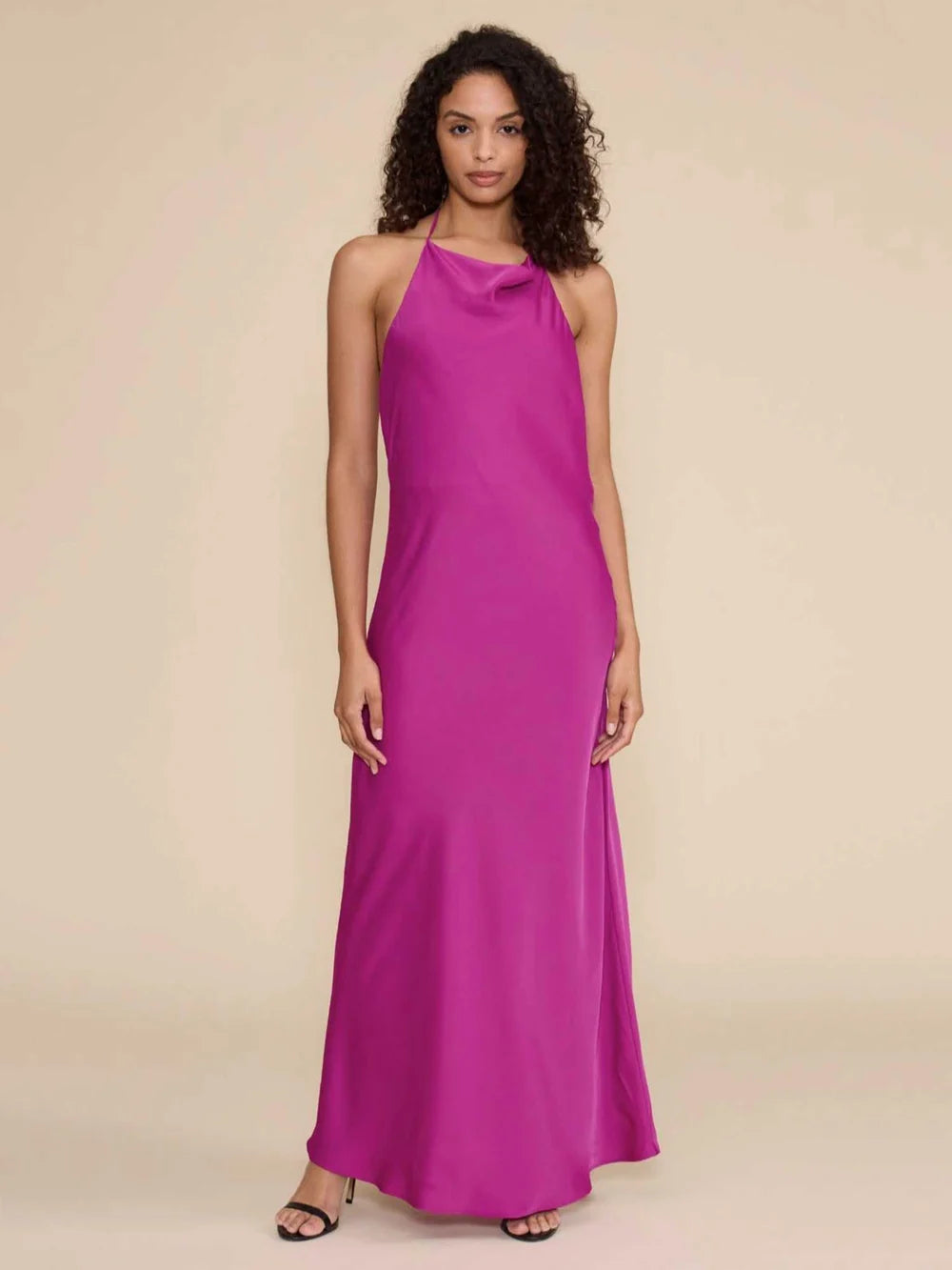 Magenta Aurora dress front view with cowl neck and halter straps
