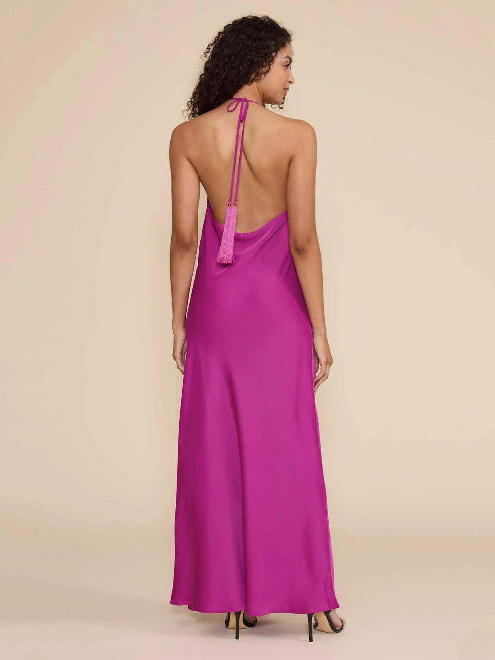 Magenta Aurora dress back view with open back and tassel ties