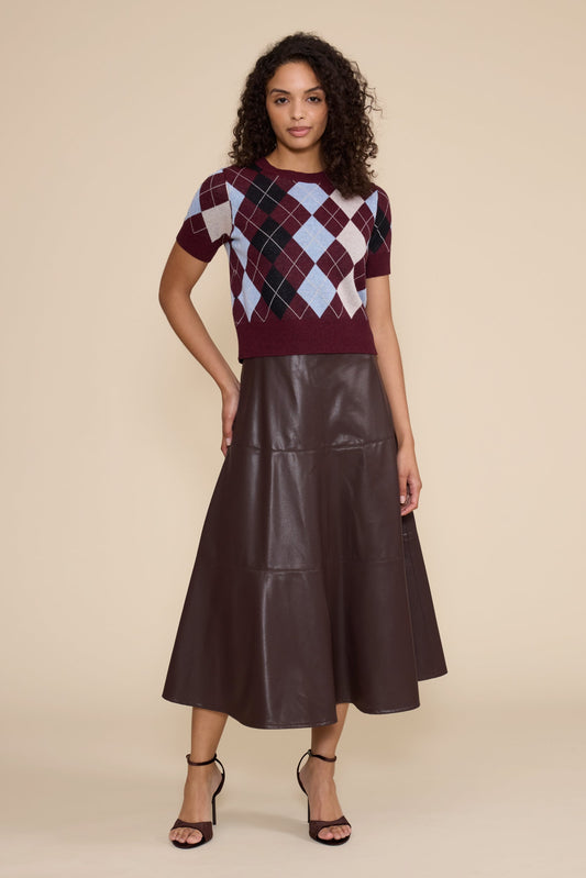 Lucy Paris brown faux-leather midi skirt, studio view