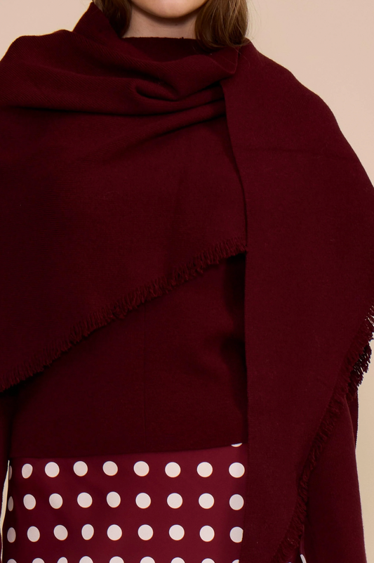 Lucy Paris Murphy Scarf Sweater in Burgundy, scarf/fringe close-up