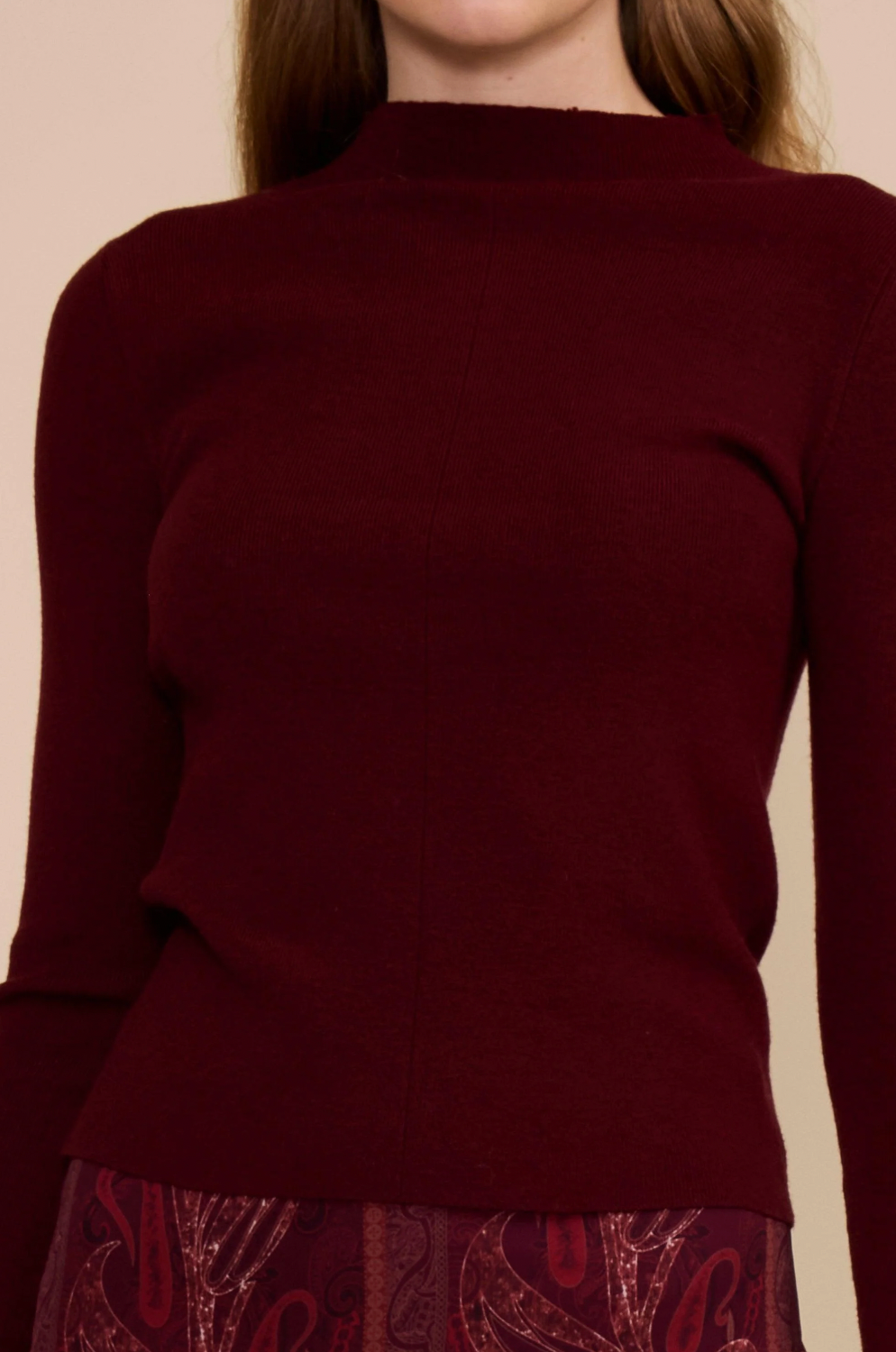 Lucy Paris Murphy Scarf Sweater in Burgundy, front knit detail