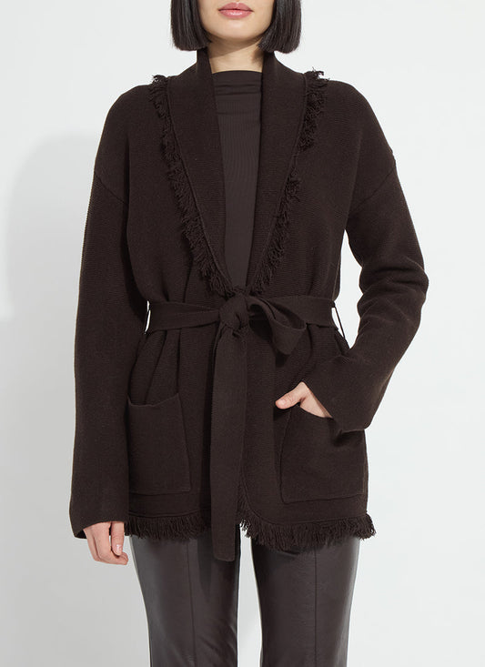 Lyssé Dixie Fringe Belted Cardigan in Double Espresso, view 1