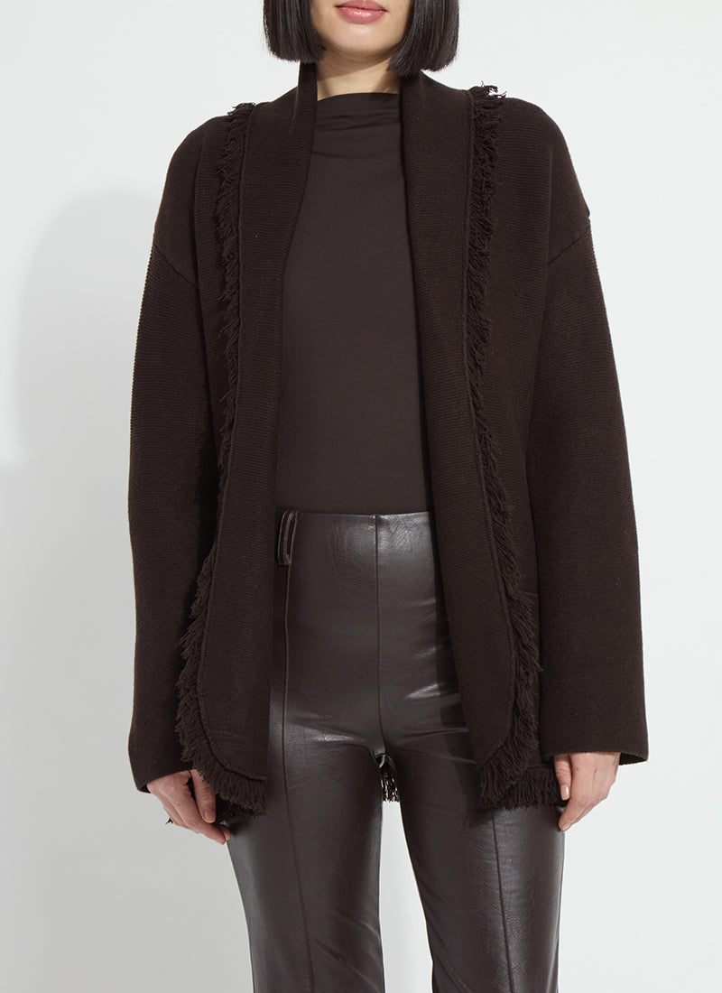 Lyssé Dixie Fringe Belted Cardigan in Double Espresso, view 3
