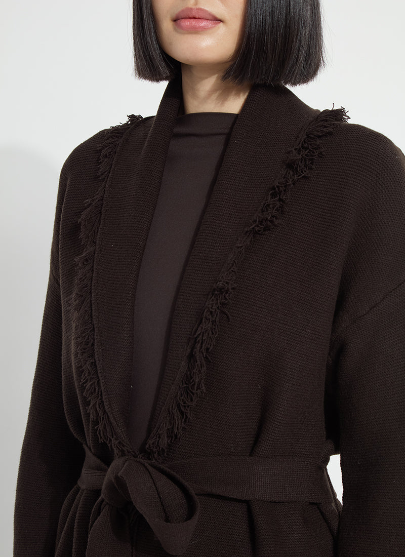 Lyssé Dixie Fringe Belted Cardigan in Double Espresso, view 4