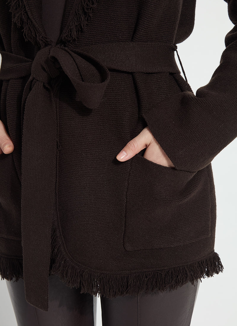 Lyssé Dixie Fringe Belted Cardigan in Double Espresso, view 6
