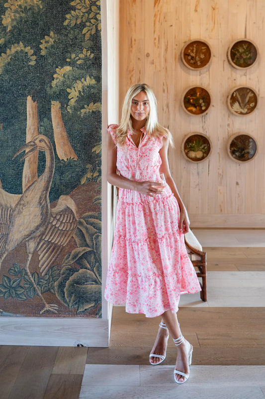 Smocked Waist Midi Dress - Pink Batik